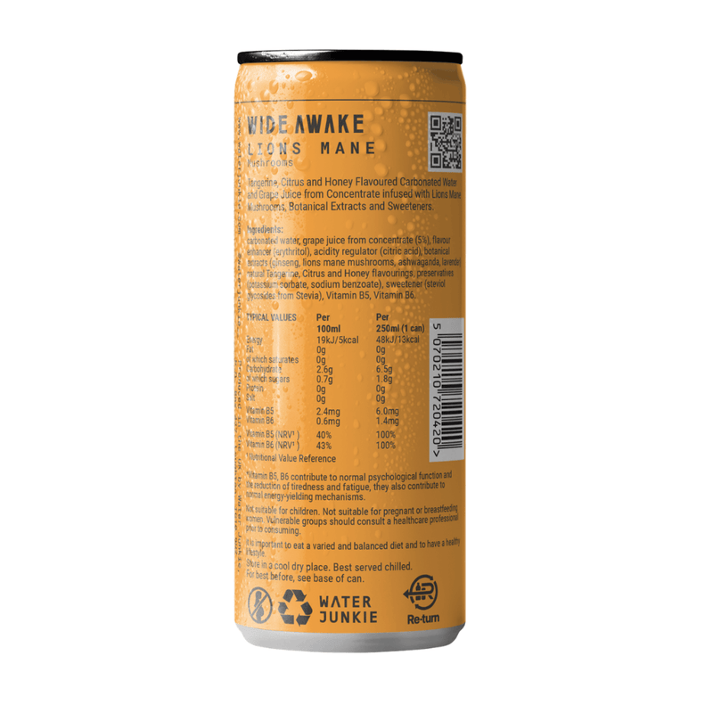 WaterJunkie Tangerine & Citrus Sparkling Lions Mane Mushroom Drink 250ml Case of 12