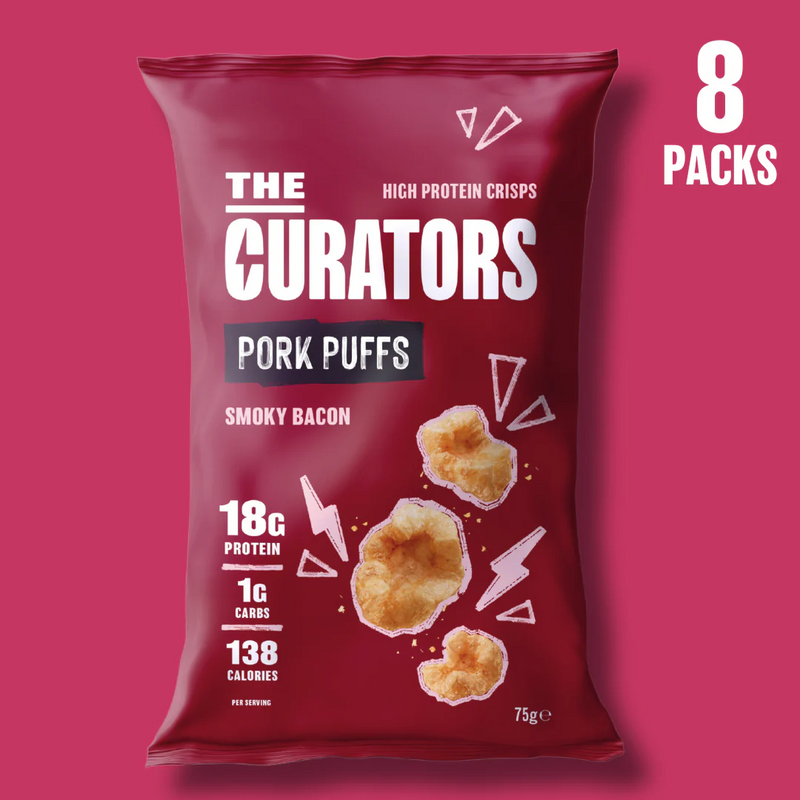 The Curators High Protein Smoky Bacon Pork Puffs 75g - Case of 8 [Best Before: 08/04/2026]