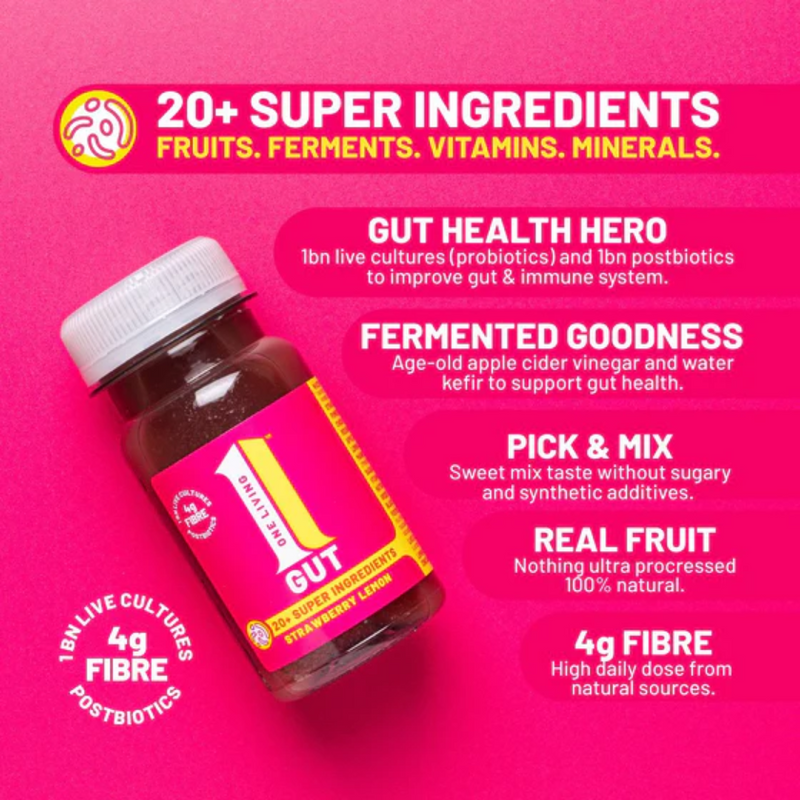 OneLiving Gut Strawberry Lemon Health Shots 100ml - Case of 8