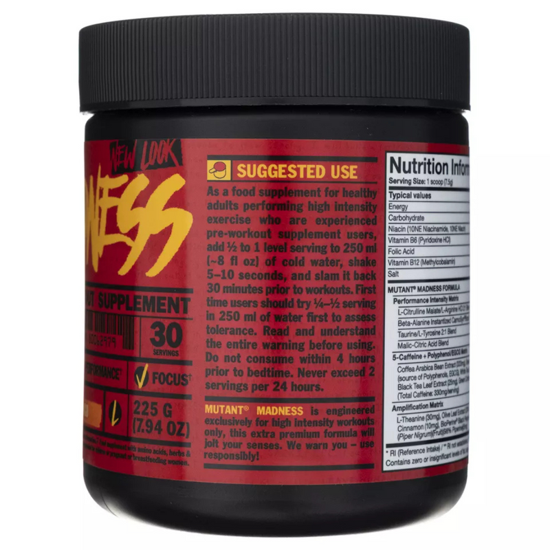 Mutant Madness Peach Mango Flavour Pre-Workout Supplement 225g [Best Before: 01/03/2026]