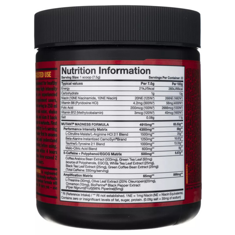 Mutant Madness Peach Mango Flavour Pre-Workout Supplement 225g [Best Before: 01/03/2026]