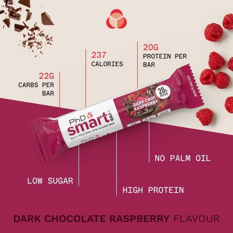 PhD Smart Dark Chocolate Raspberry Flavour Bar 64g - Case of 12