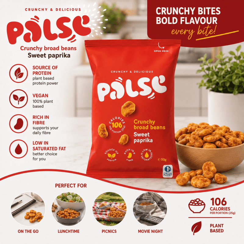 Palse Crunchy Broad Beans Sweet Paprika 50g - Case of 12 [Best Before: 29/08/2026]