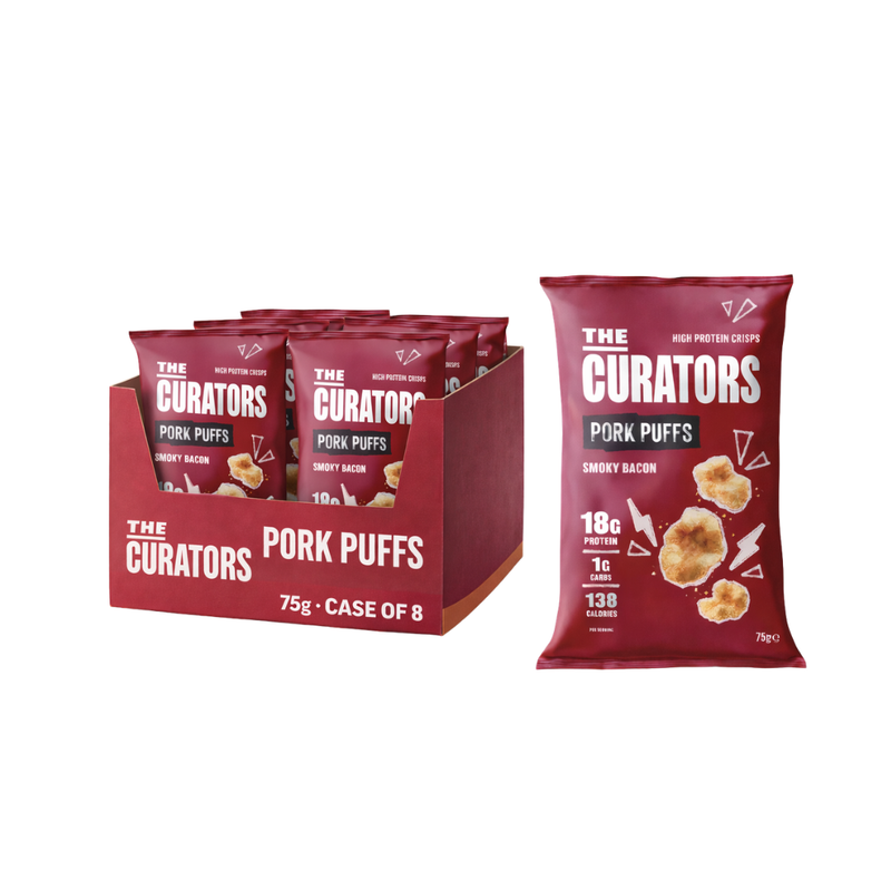 The Curators High Protein Smoky Bacon Pork Puffs 75g - Case of 8 [Best Before: 08/04/2026]