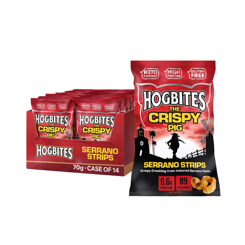 Hogbites The Crispy Pig High Protein Serrano Strips 70g - Case of 14 [Best Before: 31/03/2026]