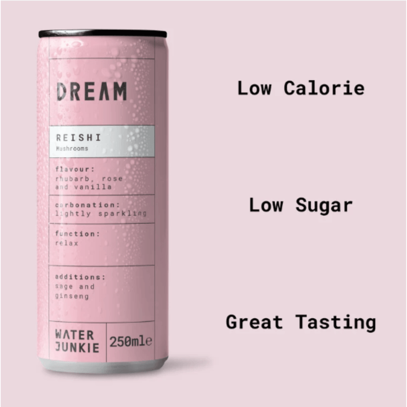 WaterJunkie Dream Rhubarb, Rose & Vanilla Sparkling Reishi Mushroom Drink  250ml Case of 12