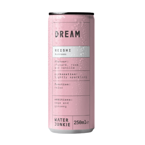WaterJunkie Dream Rhubarb, Rose & Vanilla Sparkling Reishi Mushroom Drink  250ml Case of 12