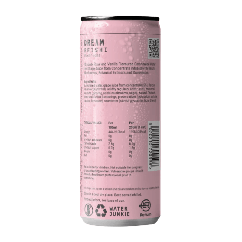 WaterJunkie Dream Rhubarb, Rose & Vanilla Sparkling Reishi Mushroom Drink  250ml Case of 12